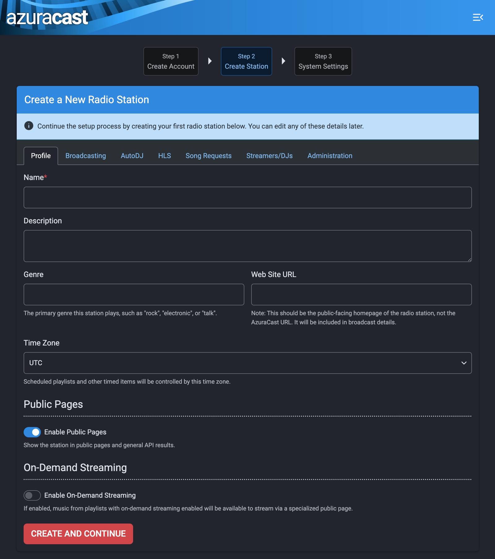 AzuraCast Create Station